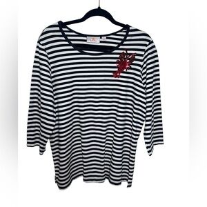 Quacker Factory Navy and White Striped Lobster Top‎ Size L Beach Cottagecore